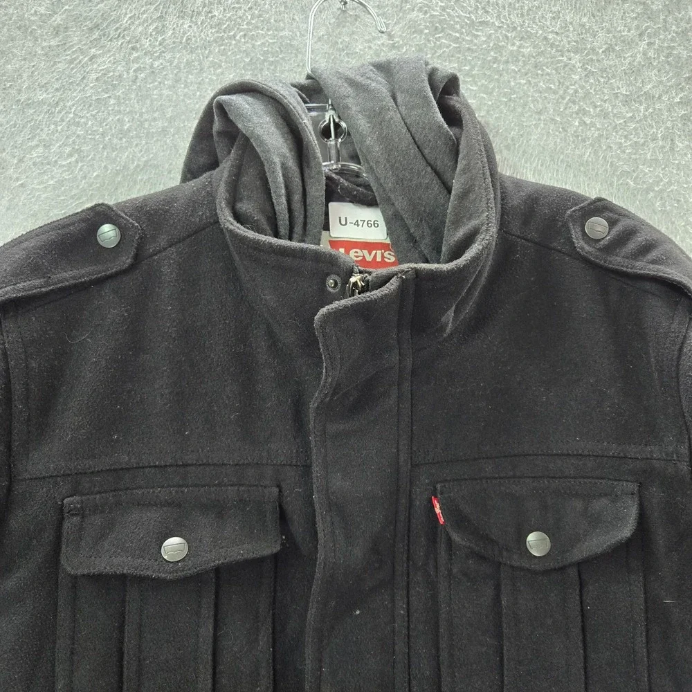 Levi's Men Jacket L Black Military Quilted Lined Hooded Wool Blend Full Zip READ